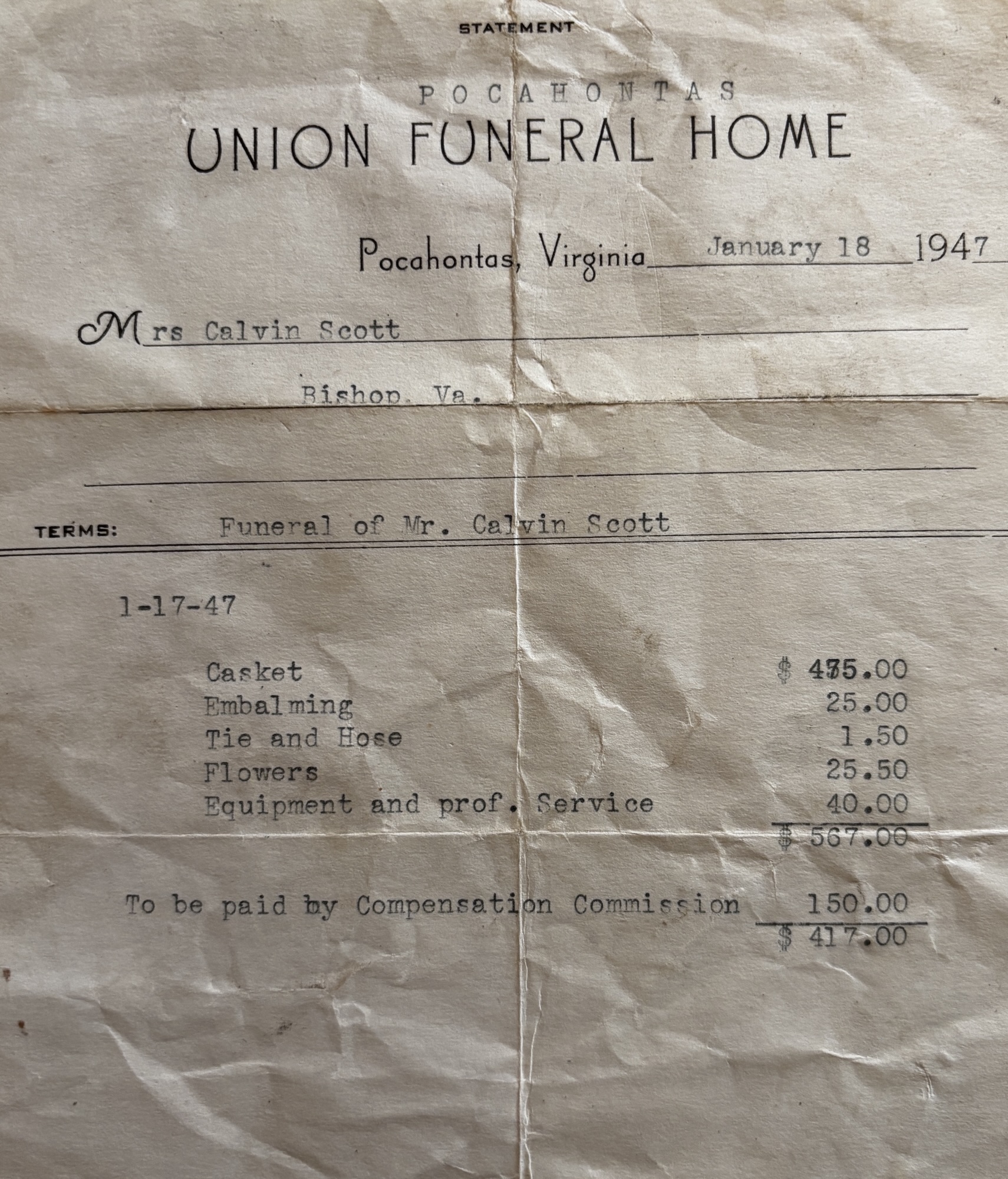 What did it cost to bury someone in 1947?